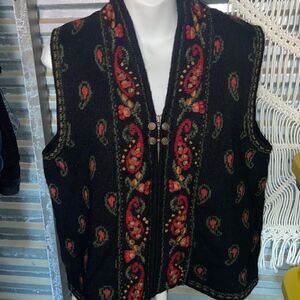 Vintage Icelandic Design Embroidered Paisley Wool Front  Zip Lined Vest Size M